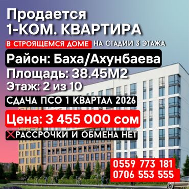 келечек кооператив очередь: 1 комната, 38 м², Элитка, 2 этаж