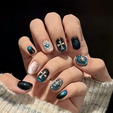 sat prsten: Ručno rađene presovane nokti-tipse – kolekcija “Teal Galaxy” - Set — 1