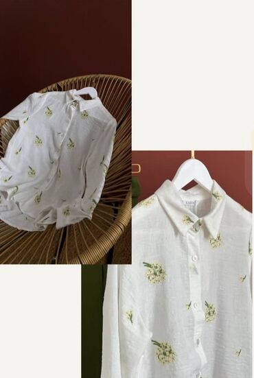 длинная белая рубашка женская: Рубашка, Оверсайз, В цветочек, Турция