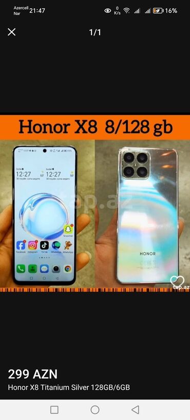 kredit telefon: Honor X8, 128 ГБ, Отпечаток пальца, Беспроводная зарядка, Две SIM карты
