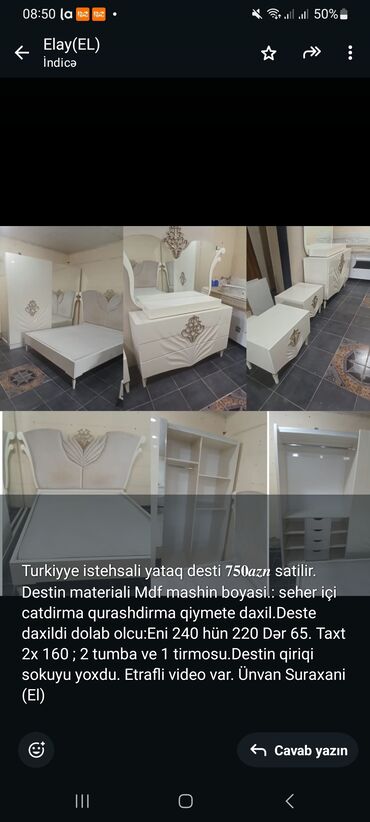 Dolablar: Turkiyye istehsali yataq desti 𝟕𝟓𝟎𝒂𝒛𝒏 satilir. Destin materiali Mdf