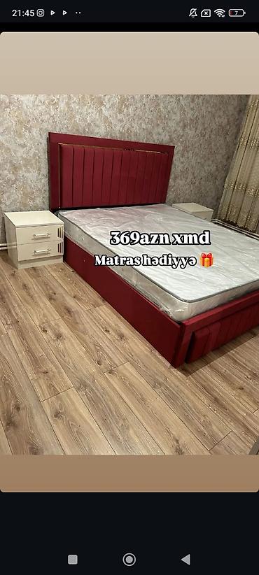 yorğan doşək: Qırmızı yumşaq başlıq və bortlara malik iki nəfərlik çarpayı dəsti — 1