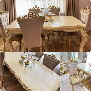 Masalar: Qonaq otağı üçün, İşlənmiş, Açılmayan, Kvadrat masa, 6 stul