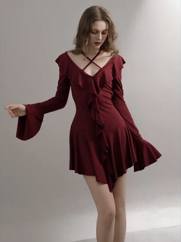 Танцевальные платья: Бальное платье, Латина, Короткая модель, цвет - Бордовый, L, XL, В наличии — 8
