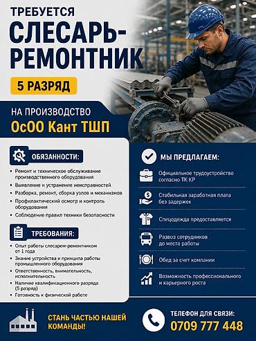 Үй жана бакча: В г. Кант, ОсОО «Кант ТШП» требуется Слесарь- ремонтник 5 разряда — 1