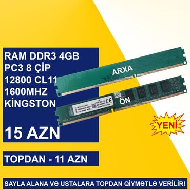 komputer siçanı: Operativ yaddaş (RAM) Kingston, 4 GB, 1600 Mhz, DDR3, PC üçün, Yeni