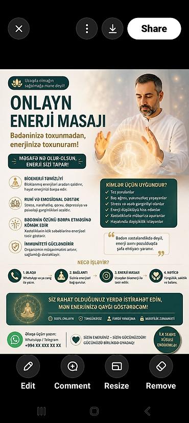 Услуги: Onlayn Enerji Masajı – məsafədən bioenerji ilə dəstək Xüsusiyyətlər — 1