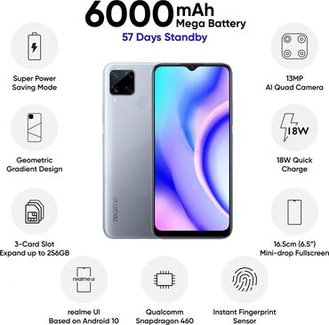 ноутбук для игры: Realme C15 Qualcomm Edition, Колдонулган, 64 ГБ, түсү - Көгүлтүр, 2 SIM