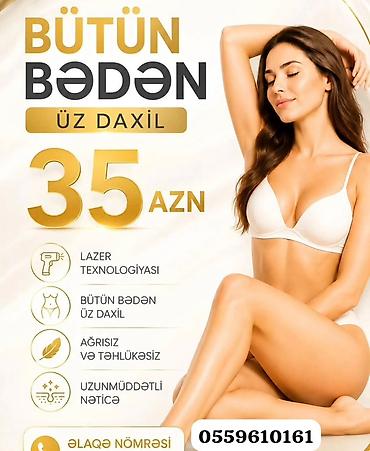 Bütün bədən (üz daxil) lazer epilyasiyası xidməti. Xüsusiyyətlər: - lalafo.az -da Bütün bədən (üz daxil) lazer epilyasiyası xidməti. Xüsusiyyətlər: -