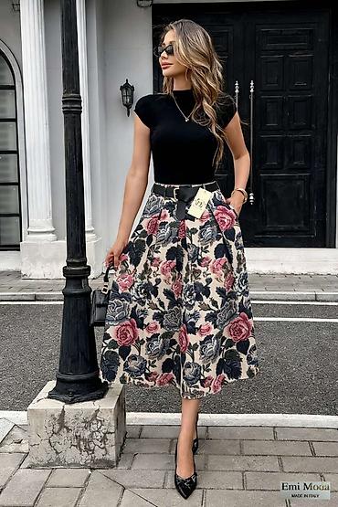 bianca set: Midi suknja sa bogatim cvetnim žakard dezenom – Emi Moda, Made in — 2