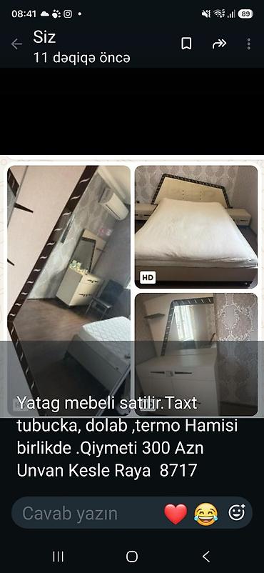 ucuz yataq desti satilir: Yataq mebeli dəsti Tərkib: - Taxt (iki nəfərlik) - Tumbalar - Dolab - — 1