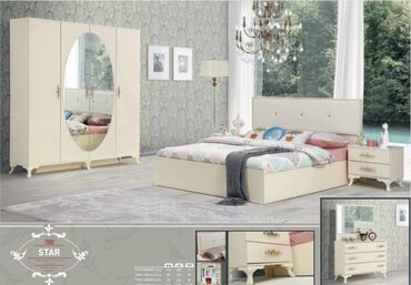 серая мебель: Двуспальная кровать, Шкаф, Трюмо, 2 тумбы, Новый