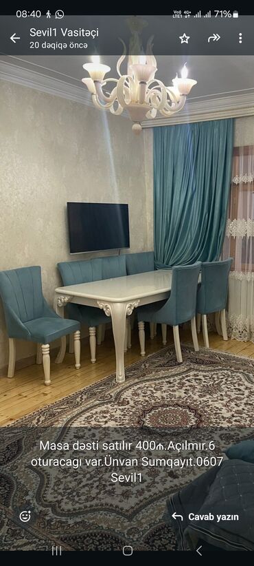 Masa və oturacaq dəstləri: Masa dəsti satılır 400₼.Açılmır.6 oturacagı var.Ünvan Sumqayıt.0607