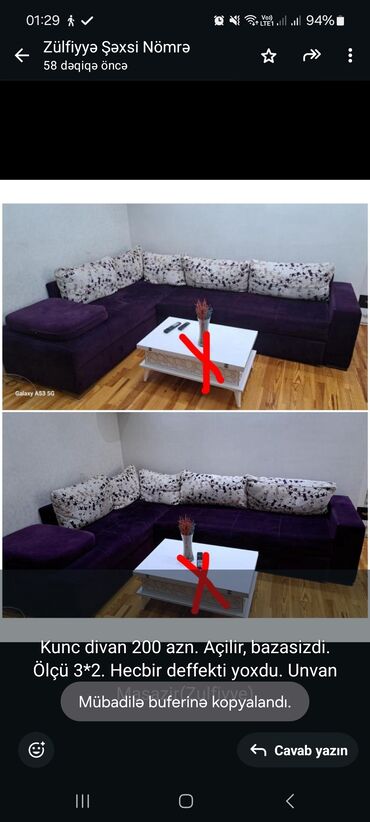 Divanlar: Künc divan, İşlənmiş, Açılan, Çatdırılma yoxdur