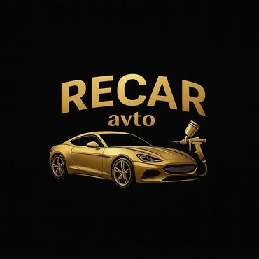 СТО, ремонт транспорта: RECAR avtoservisi loqosu qara fon üzərində qızılı rəngdə "RECAR avto"