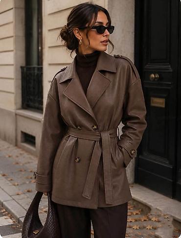 Mantili: Ženski kraći mantil / jakna od eko kože u elegantnom trench stilu — 1