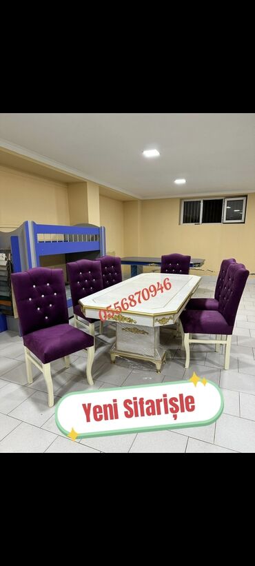 Masa və oturacaq dəstləri: Qonaq otağı üçün, Yeni, Açılmayan, Dördbucaq masa, 6 stul — 3