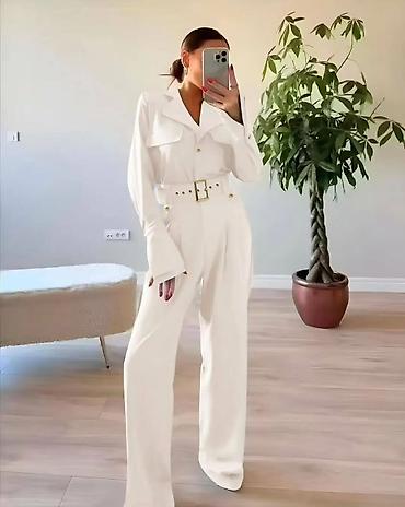 Kombinezoni: Ženski elegantni kombinezon sa pojasom - Kroj: dugi rukavi, široke — 1