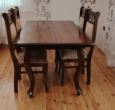 ev ucun stol stul: Qonaq otağı üçün, İşlənmiş, Açılan, Dördbucaq masa, 4 stul