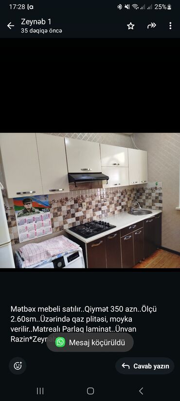 ucuz laminat satiram: Mətbəx mebeli satılır. Qiymət 350 azn. Ölçü 2.60sm. Üzərində qaz