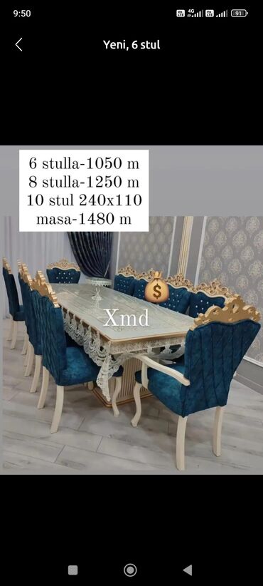 Masa və oturacaq dəstləri: Qonaq otağı üçün, Yeni, Açılmayan, Dördbucaq masa, 6 stul — 21