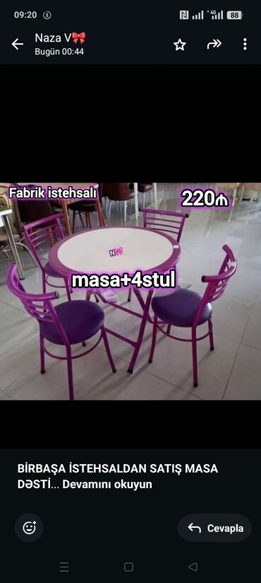 Sifarişlə mətbəx masaları: *BİRBAŞA İSTEHSALDAN SATIŞ MASA DƏSTİ* Diametri 90sm,yığılan və üzəri