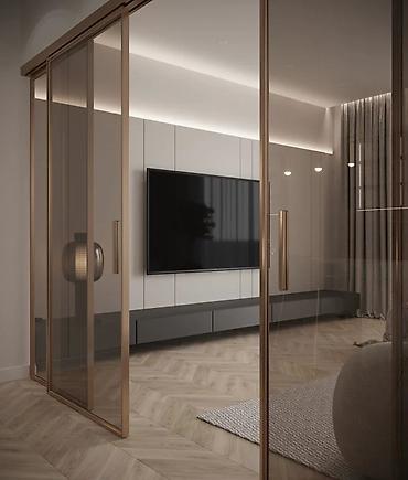 Раздвижные интерьерные перегородки из стекла с тонким алюминиевым