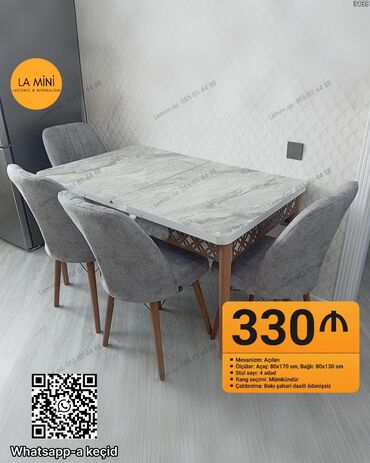 обеденный стол: Açılan, Dördbucaq masa, 4 stul
