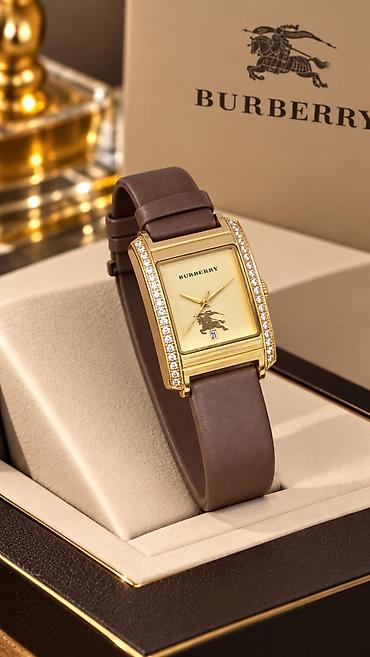 lv saat: Burberry qadın qol saatı – zərif kvadrat korpus və zərgərlik parıltısı — 4