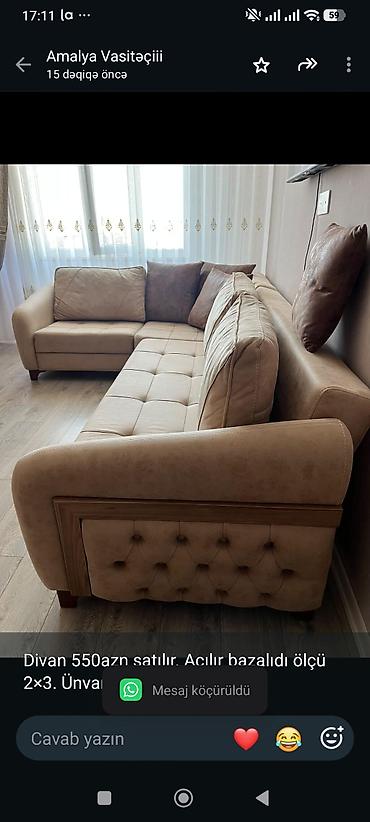 Divan 550azn satılır. Açılır bazalıdı ölçü 2×3. Ünvan Yeni Günəşli