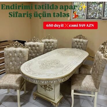 Masa və oturacaq dəstləri: Qonaq otağı üçün, Yeni, Açılmayan, Dördbucaq masa, 6 stul — 23