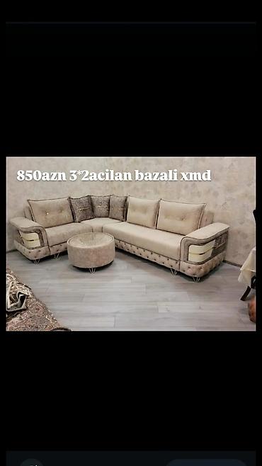 divan pufik: Künc divan dəsti – 3×2 ölçüdə, açılan və bazalı model. - Dizayn: Bej — 1