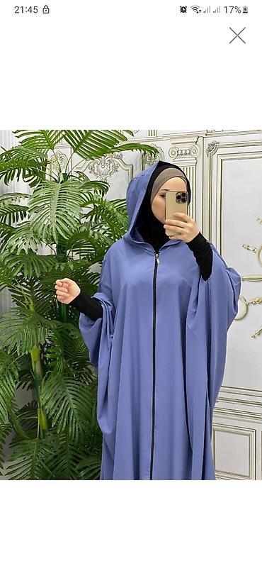 Хиджаб: Mavi rəngli, başlıqlı uzun abaya/çarşaf tipli üst geyimi. - Material — 6