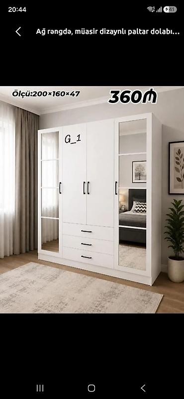 Ağ rəngdə, müasir dizaynlı paltar dolabı Ölçü: 200 × 160 × 47 sm