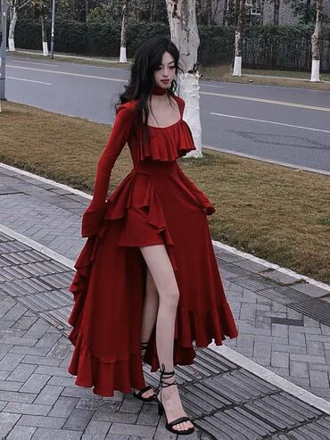красное платье: Повседневное платье, Китай, Осень-весна, Длинная модель, S (EU 36)