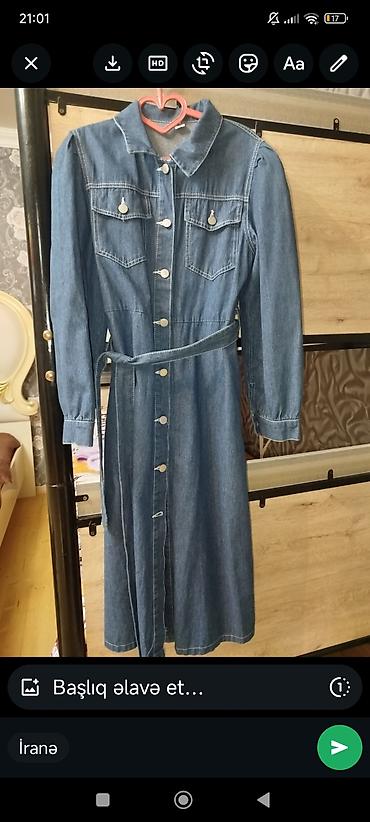 Denim (cins) qolsuzdan aşağı uzun paltar - Model: düyməli, köynək