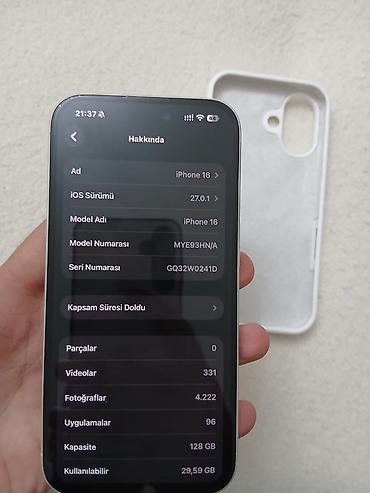 apple iphone 1: IPhone 16, 128 GB, Ağ, Face ID — 8