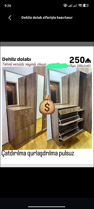 brus taxta: Dehliz dolabı – sifarişlə hazırlanır Ölçü: 195 x 100 x 40 sm Qiymət — 1
