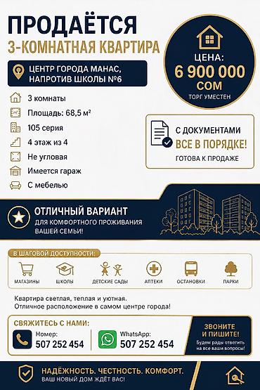 jack 4: Продаётся 3‑комнатная квартира в центре города Манас, напротив школы — 1