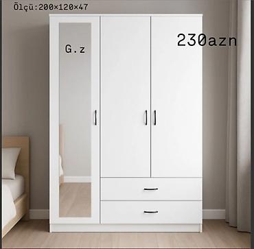 lovhe olculeri: Ağ rəngli üç qapılı paltar dolabı - Ölçü: 200×120×47 sm (şəkildə — 1