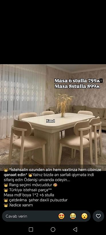 Mebel: Yemək masası dəsti – müasir dizaynlı, MDF boyalı masa və 6/8 ədəd — 1