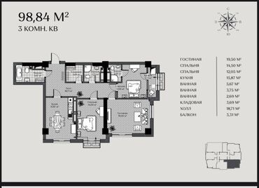 квартира одно комнат: 3 комнаты, 98 м², Элитка, 15 этаж, ПСО (под самоотделку)