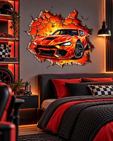 sudopera element forma ideale: 3D Zidna Nalepnica Sportski Auto u Plamenu – 2891 3D Zidna Nalepnica — 1