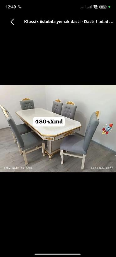 mebel stul: Qonaq otağı üçün, Yeni, Dördbucaq masa, 6 stul — 1