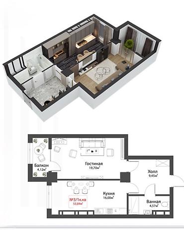 малина жк: 1 комната, 54 м², Асанбай мкр Элитка, 4 этаж — 3