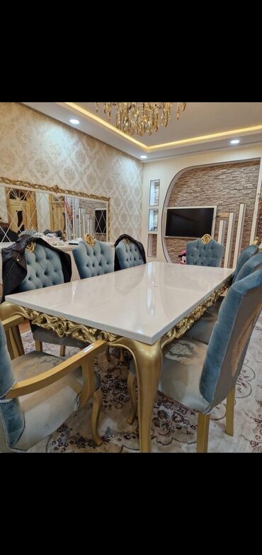 Столы и стулья: Для гостиной, Б/у, Нераскладной, Прямоугольный стол, 8 стульев, Азербайджан