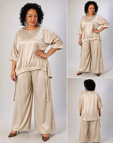 silvia pantalone: Fa, Damski komplet od satena – bluza i široke pantalone - Materijal — 1