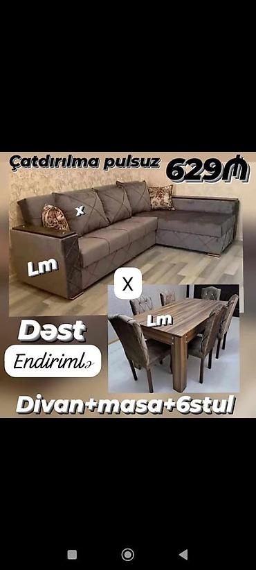 stollar ve stullar: Dəst: divan + masa + 6 stul - Künc divan: geniş oturacaq, yastıqlı — 1