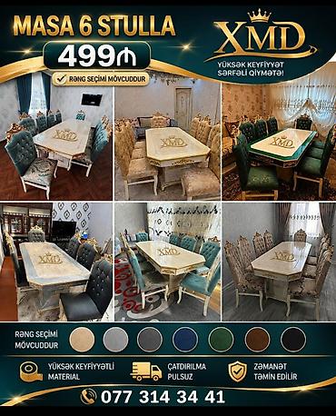 Masa və oturacaq dəstləri: Masa və 6 stul dəsti – Xmd • Komplekt: 1 yemək masası + 6 ədəd stul — 89
