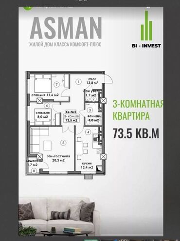 Продажа квартир: 3 комнаты, 73 м², Элитка, 2 этаж, ПСО (под самоотделку)